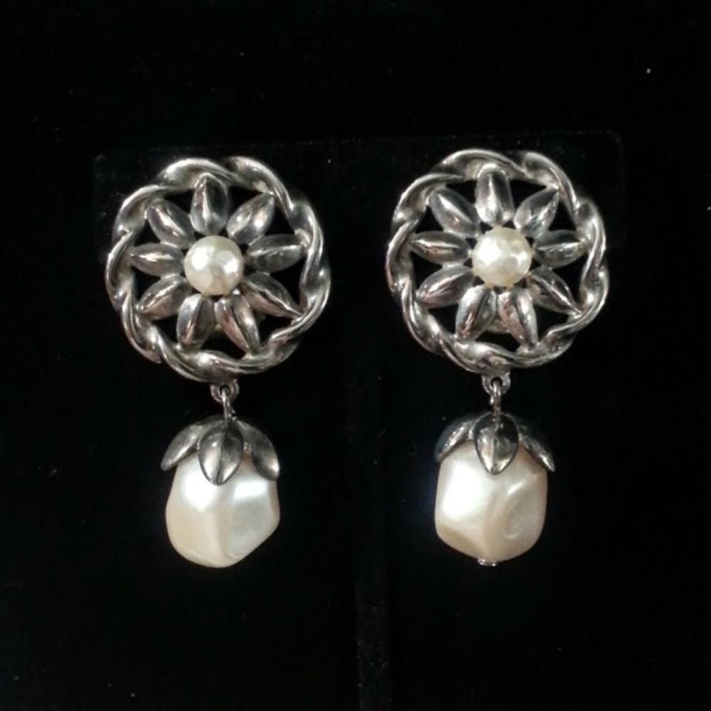 Givenchy Vintage silver plated wheel w/pearl dangle clip-on earrings 2" RARE